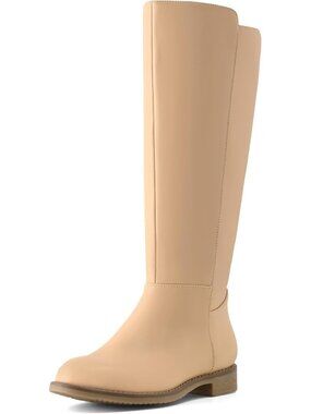 Women's Khaki Pu Knee High Boots Flat Low Heel  with Side Zipper